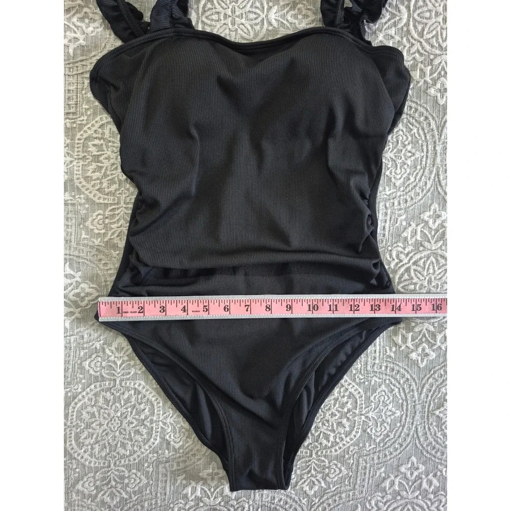 Eomenie Black Ribbed One Piece Swimsuit Ruffle Strap Medium‎ NEW